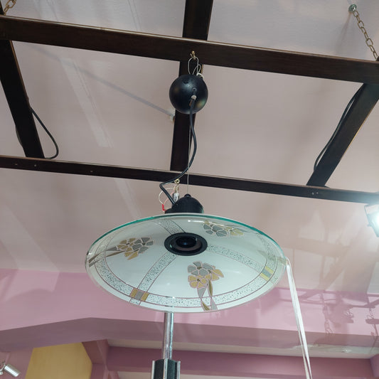 Lampadario Disco Vetro Satinato Fiori Anni 80