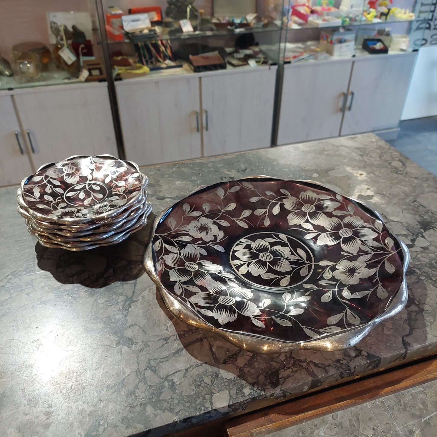 Servizio Dolce Vetro Ametista Decori Argento Anni 50 6 Piattini + 1 Piatto