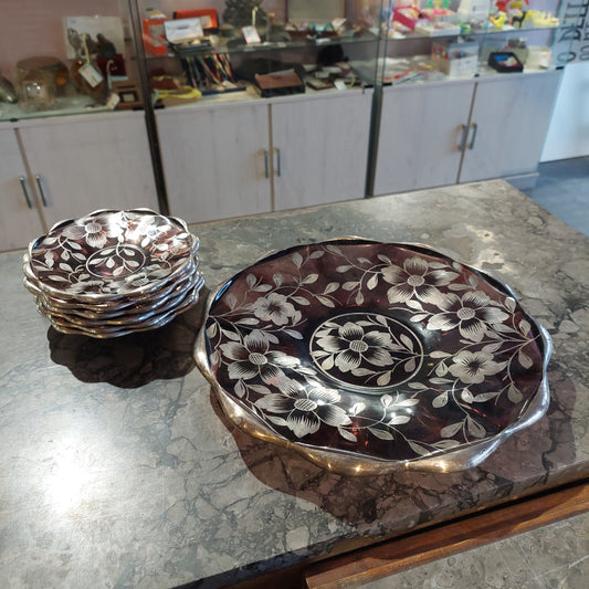 Servizio Dolce Vetro Ametista Decori Argento Anni 50 6 Piattini + 1 Piatto