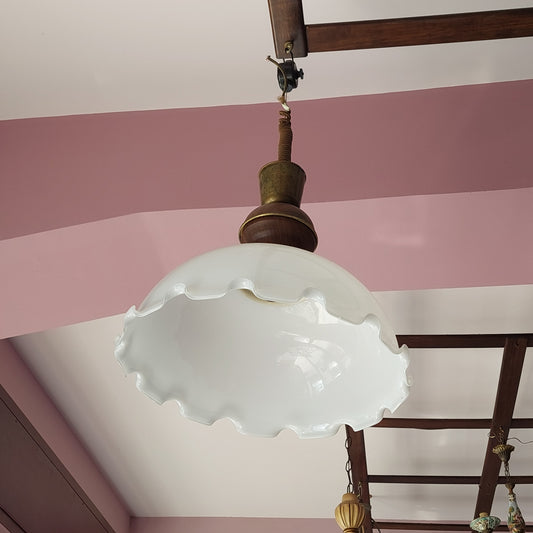 Lampadario Legno/ottone Cupola Vetro Opalino 1/luce