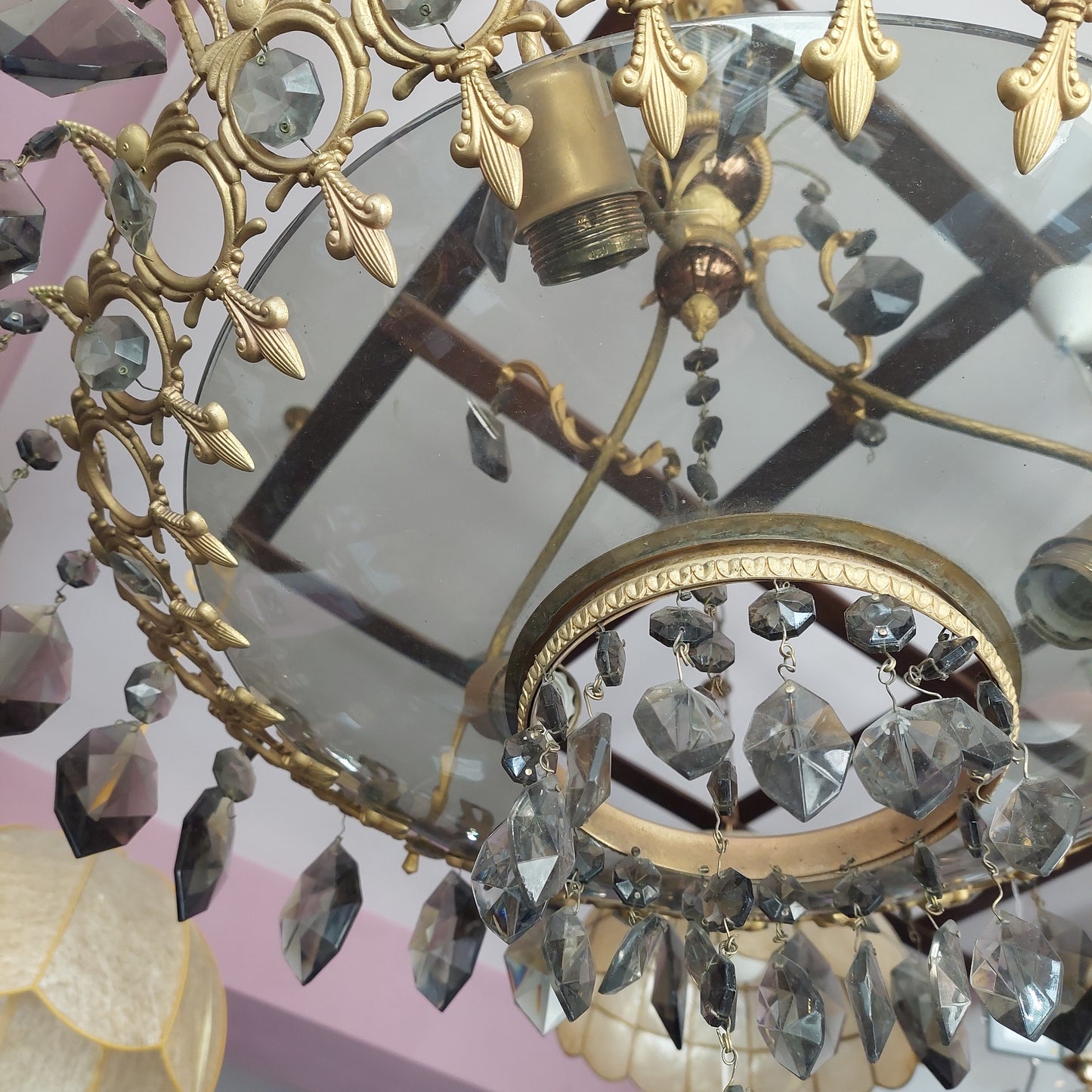 Lampadario Ottone/vetro Gocce Cristallo Primi '900