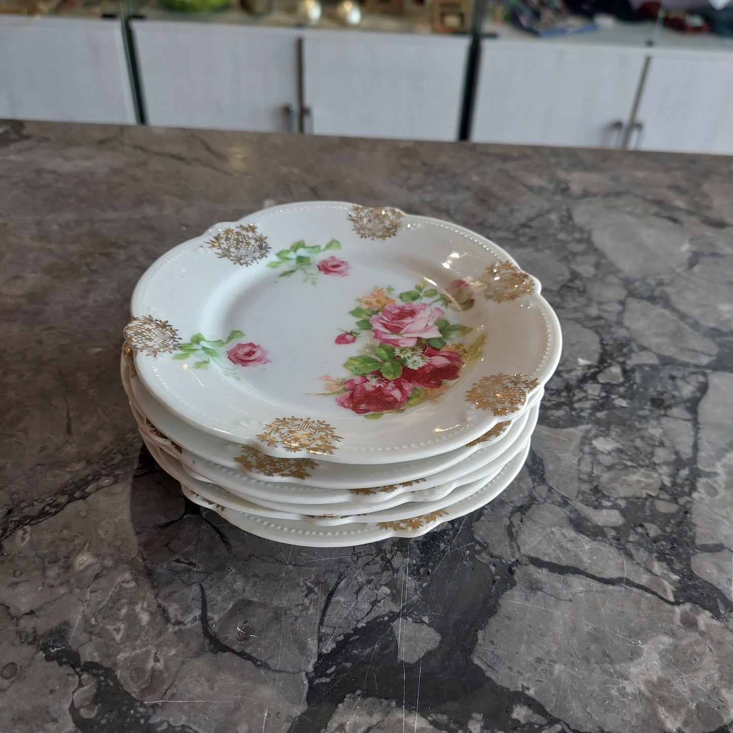 Set/6 Piattini Porcellana Primi 900 Decoro Rose E Oro