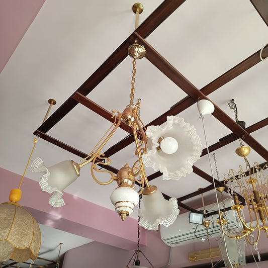 Lampadario Ottone Ceramica 3 Coppe Vetro Di Murano