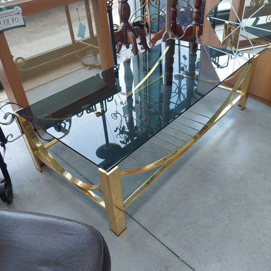 Tavolino Ottone Vetro Fumè Anni 70 Cm122x62x36h