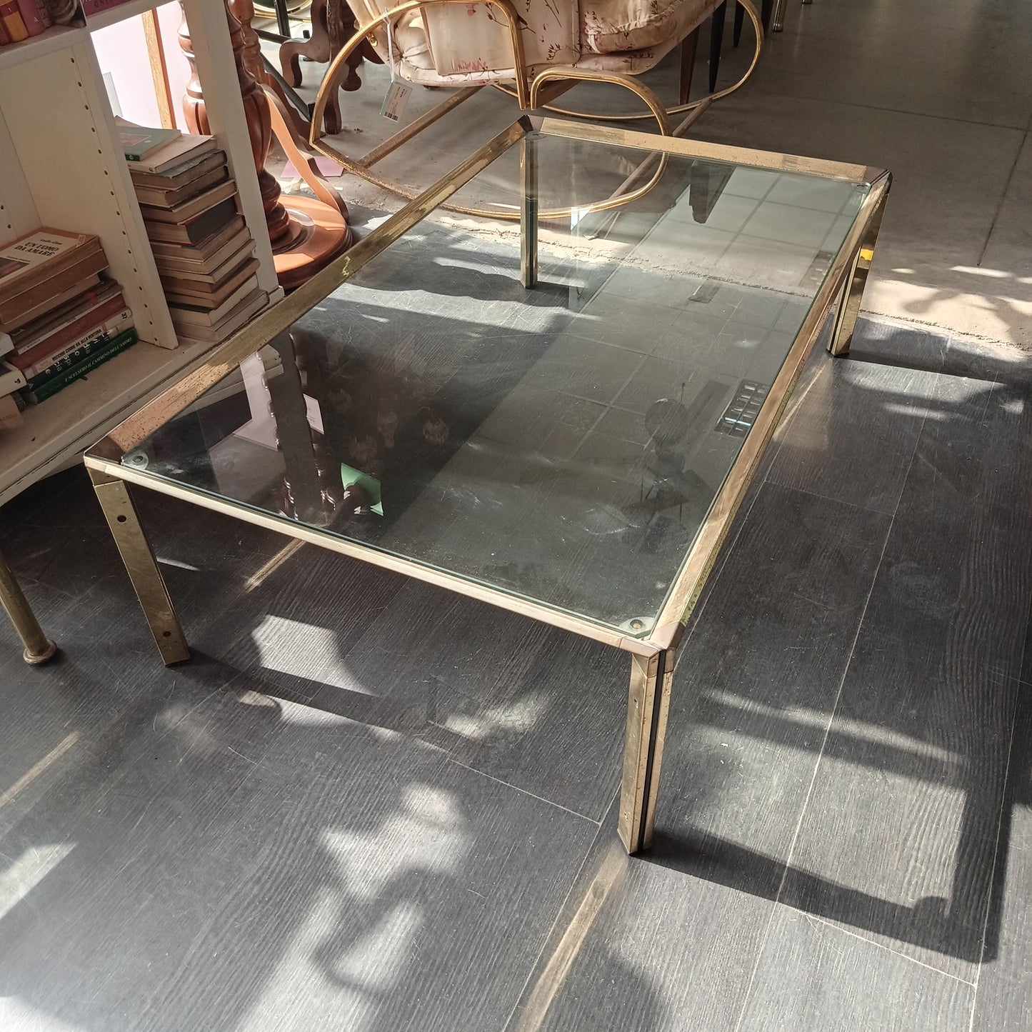Tavolino * Metallo Dorato/vetro Anni 70 Cm110x65x33h