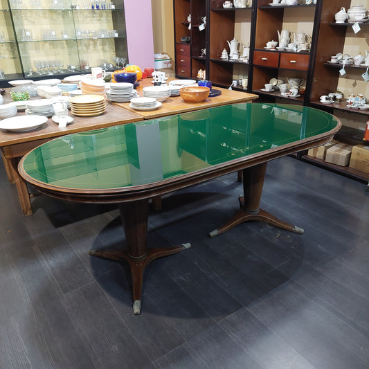 Tavolo Ovale Legno*/piano In Vetro Anni '50 Cm205x100x80h
