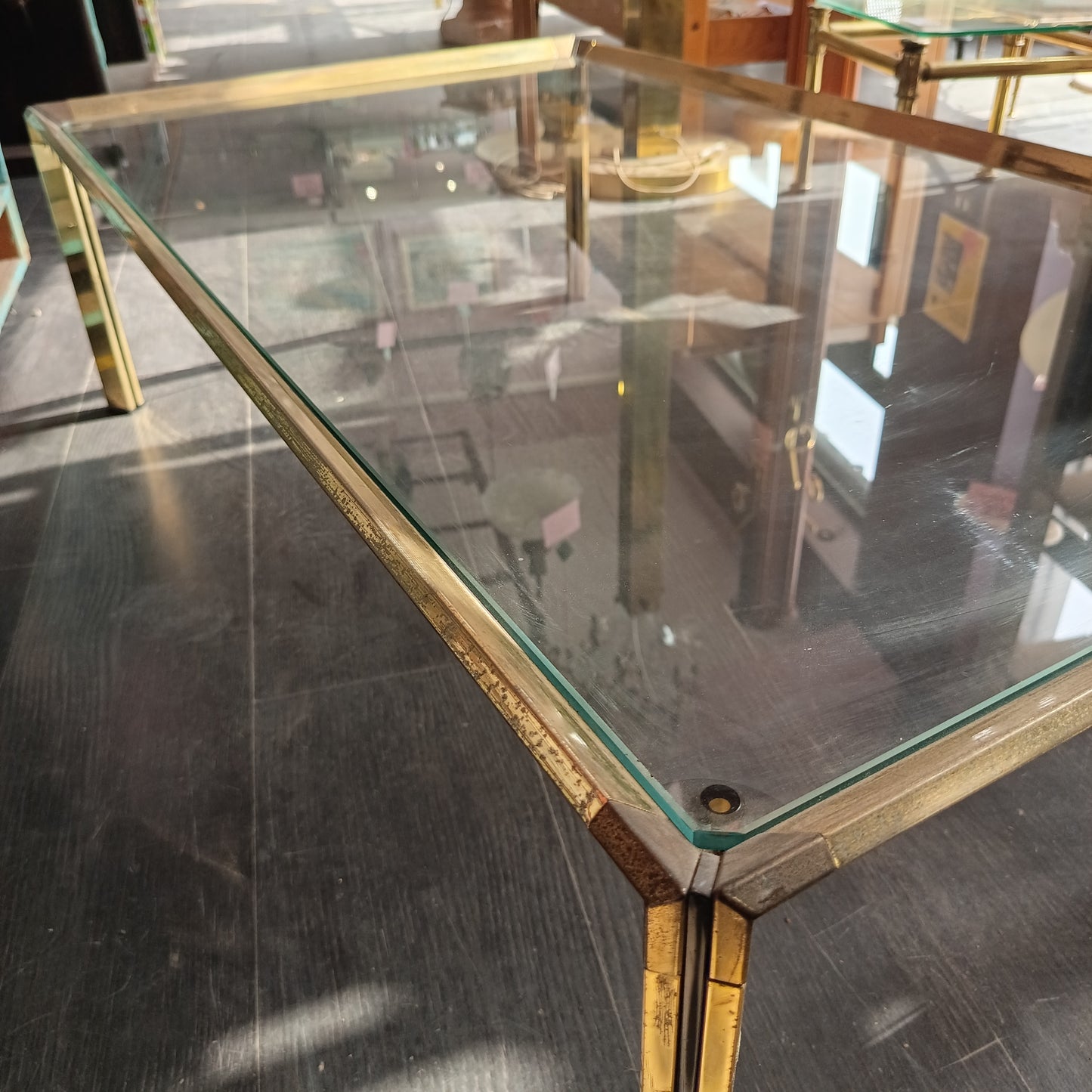 Tavolino * Metallo Dorato/vetro Anni 70 Cm110x65x33h
