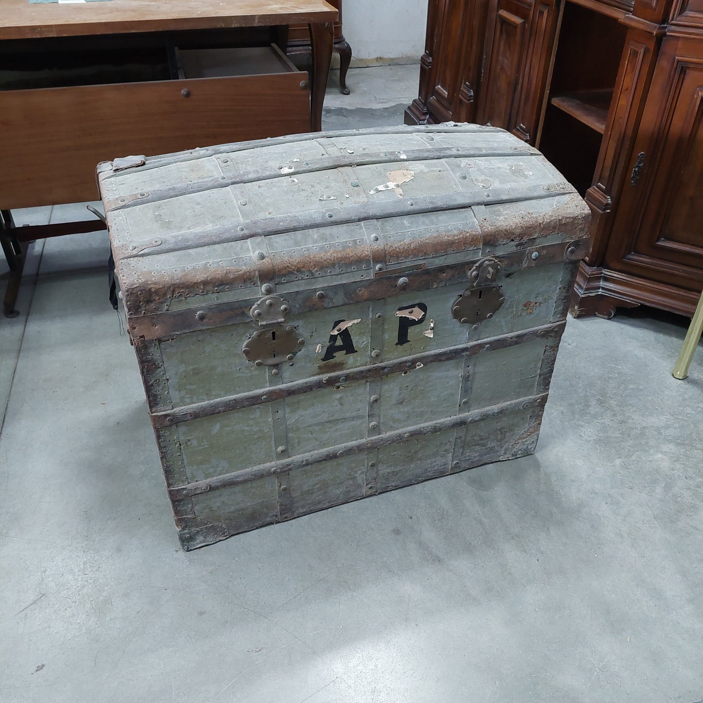 Baule Legno E Ferro Antico Verde Cm82x52x65h