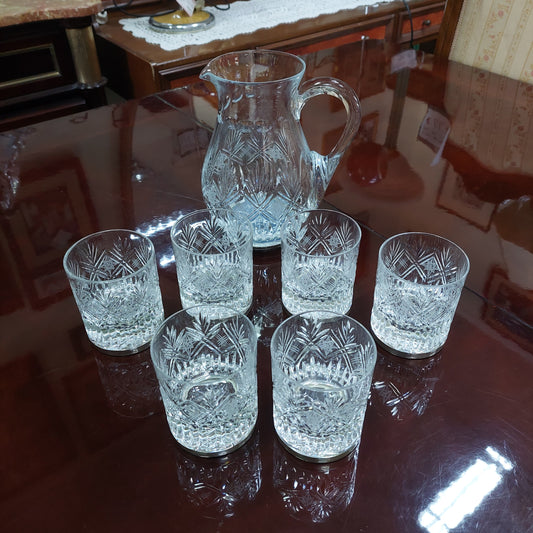 Set/caraffa + 5 Bicchieri Cristallo Molato Base Argento 800