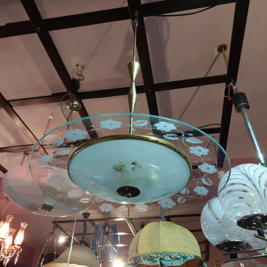 Lampadario Ottone Disco Vetro Fiori 3/luci Anni 30