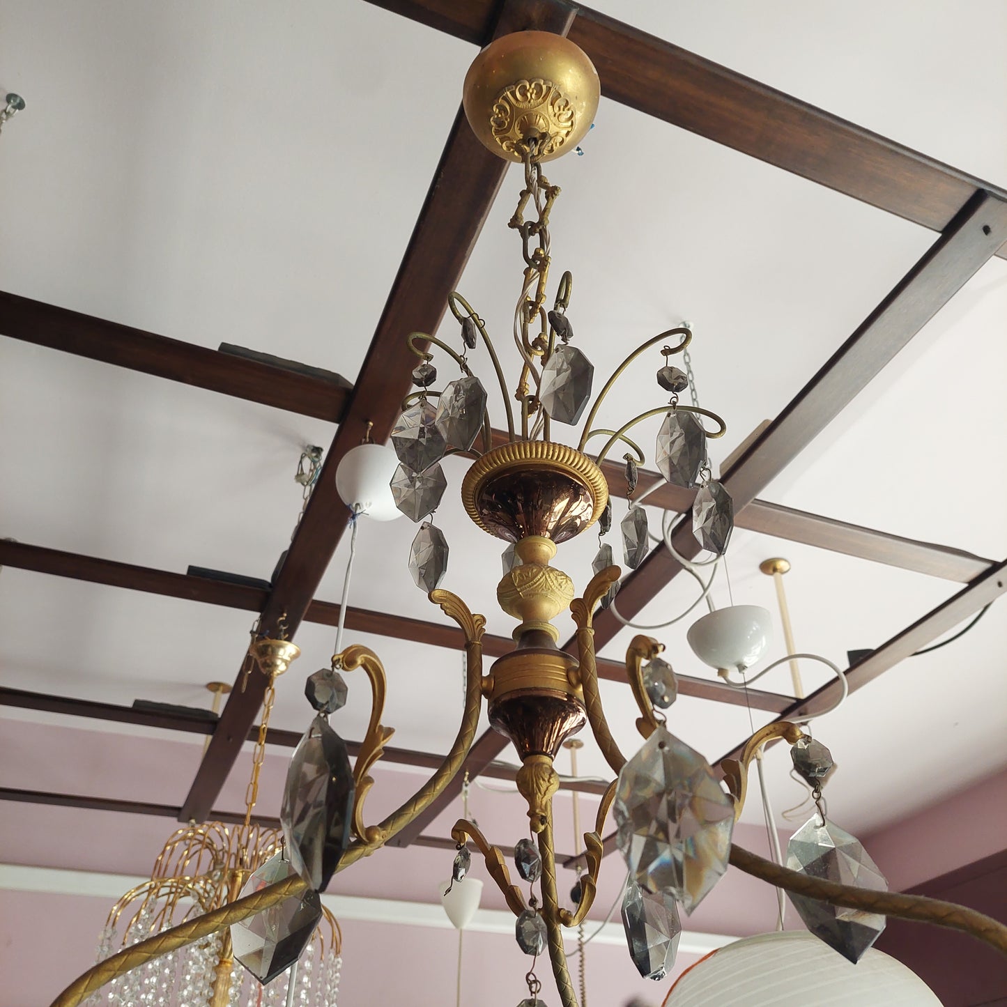 Lampadario Ottone/vetro Gocce Cristallo Primi '900
