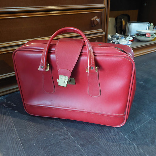 Valigia In Pelle Rossa Con Lucchetto Anni '70 Cm52x12x38