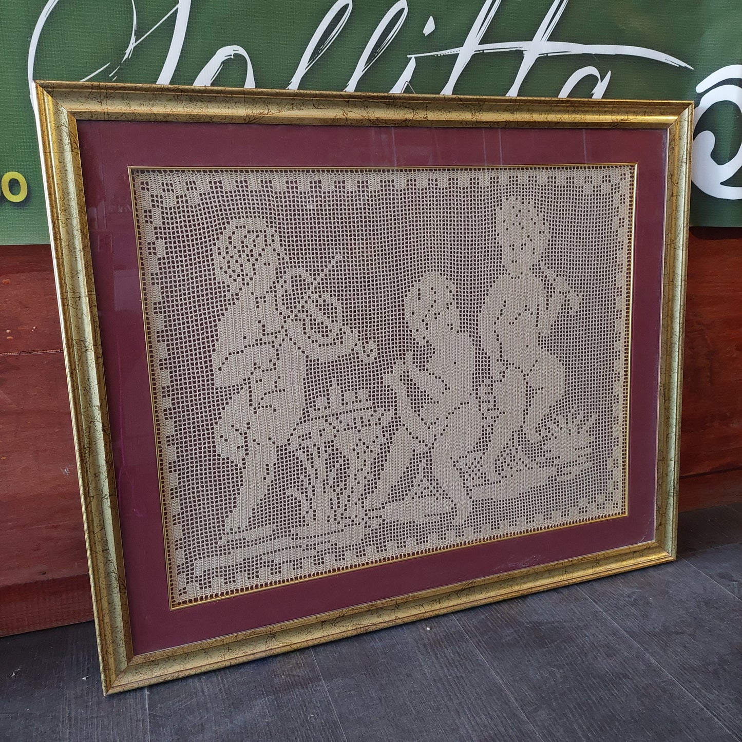 Quadro Uncinetto Puttini Musici Cornice Legno Oro Cm79x64,5