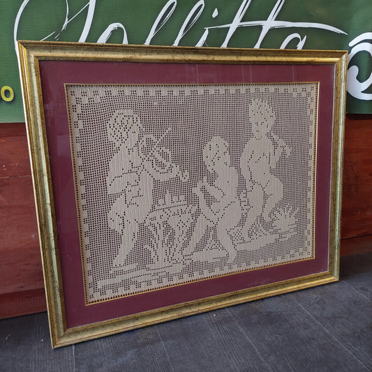 Quadro Uncinetto Puttini Musici Cornice Legno Oro Cm79x64,5