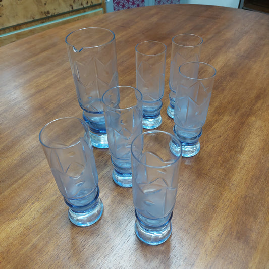 Set/ 6 Bicchieri Bibita + Caraffa  Vetro Molato Blu