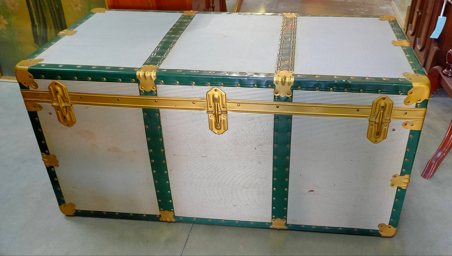 Baule Laminato Alluminio Verde Anni 50 Cm110x55x55h