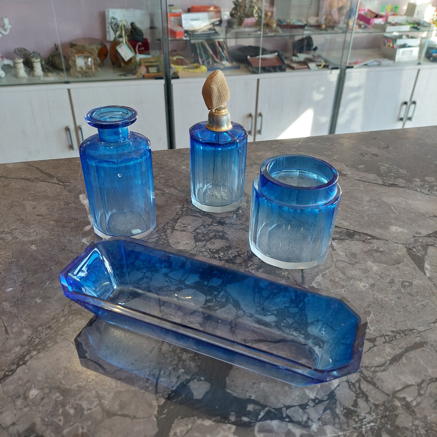 Set/4 Pz Toeletta Cristallo* Blu Vintage Art Déco