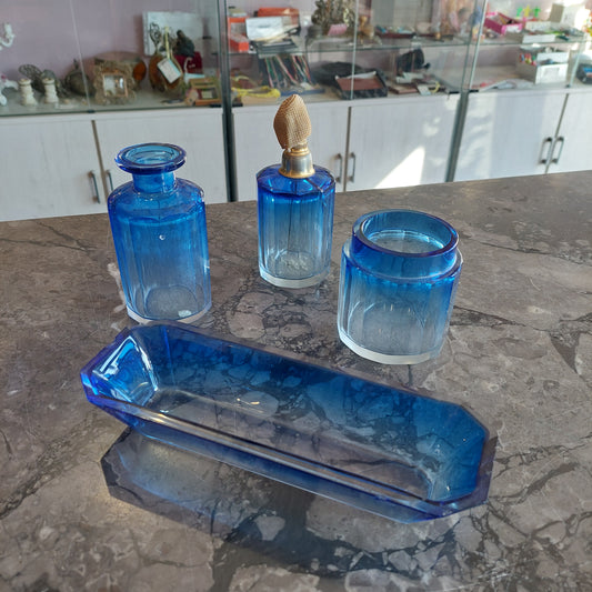 Set/4 Pz Toeletta Cristallo* Blu Vintage Art Déco