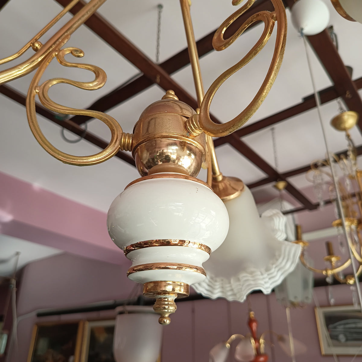Lampadario Ottone Ceramica 3 Coppe Vetro Di Murano