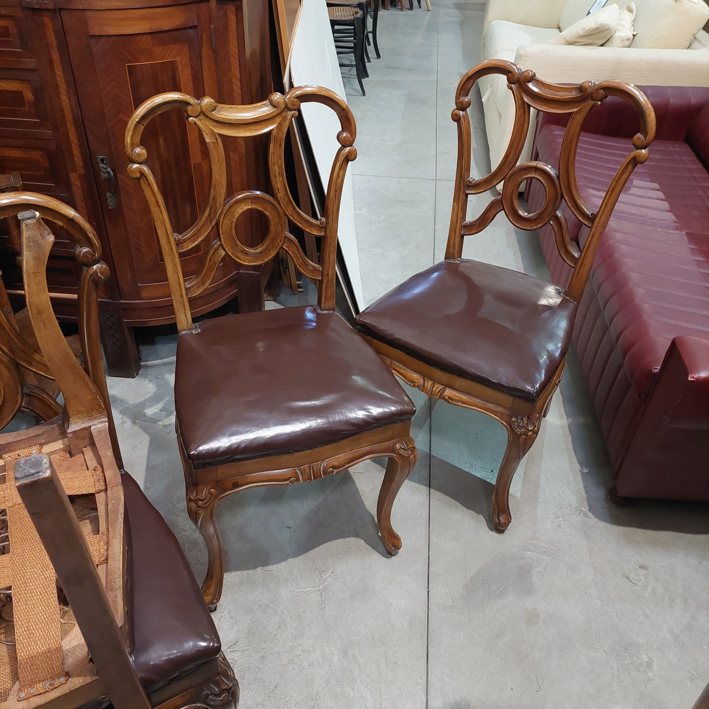 Set/4 Sedie Legno/pelle Stile Chippendale