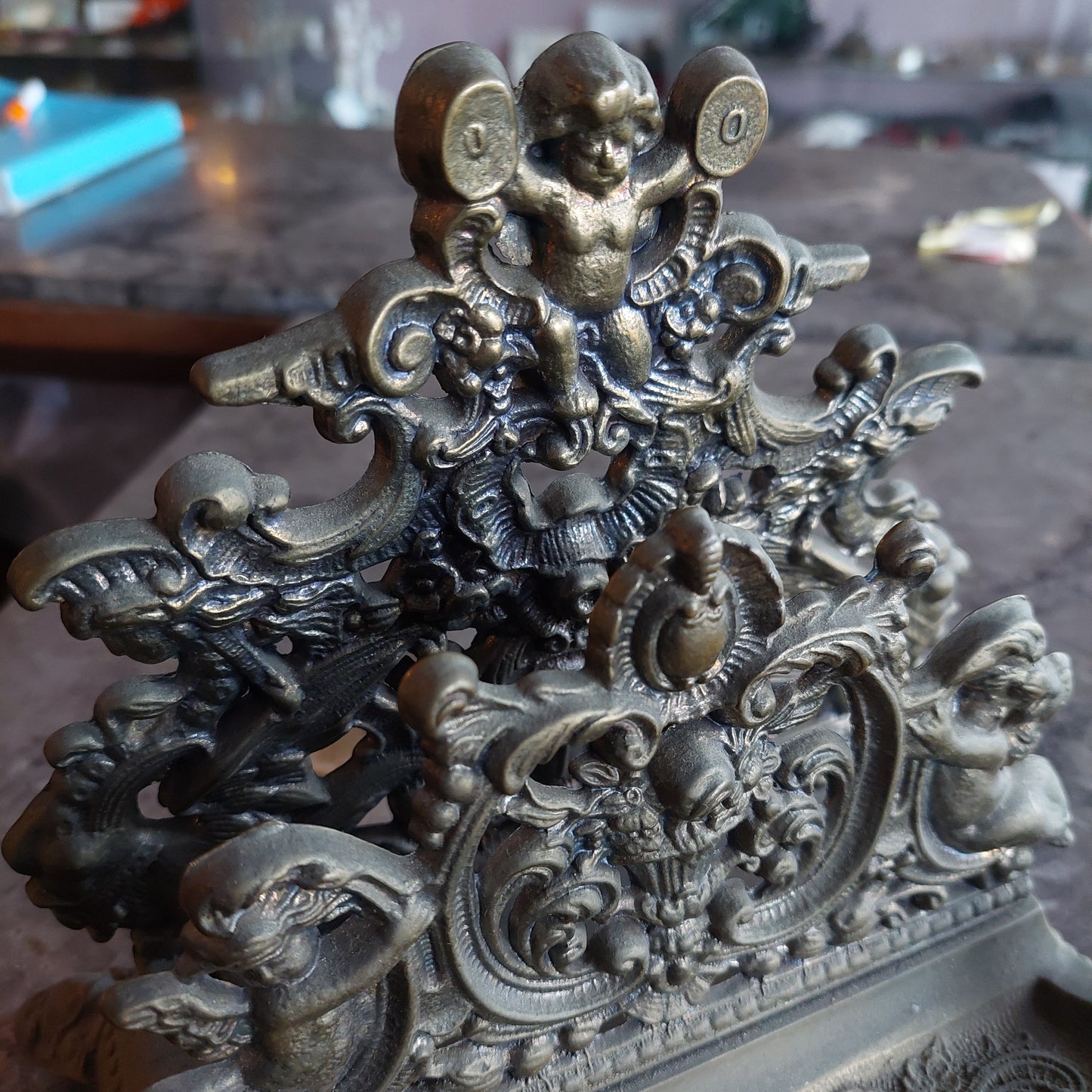 Portalettere Calamaio Antico C/puttini Bronzo Dorato