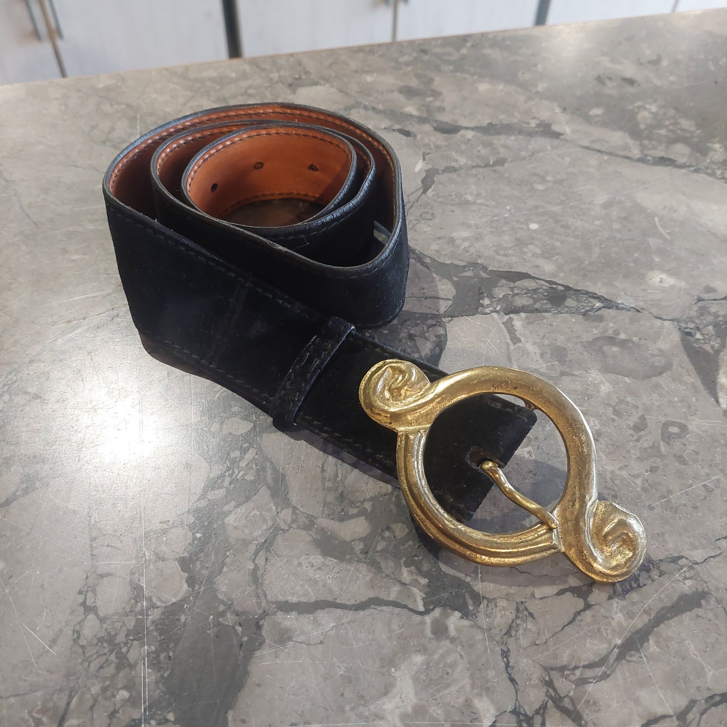 Cintura Cuoio/velluto Fibbia Ottone Vintage Eve