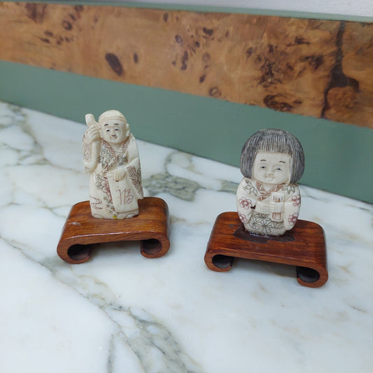 Coppia Statuine In Osso Saggi Protettori Giapponesi