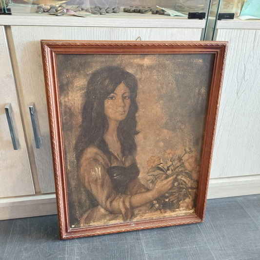 Quadro Stampa * Vintage Ritratto Donna Con Fiori Cm45x55