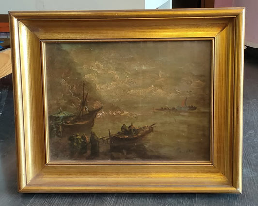 Q/olio Su Legno Paesaggio Di Mare Massaro Cornice Legno Dorato Cm52x42