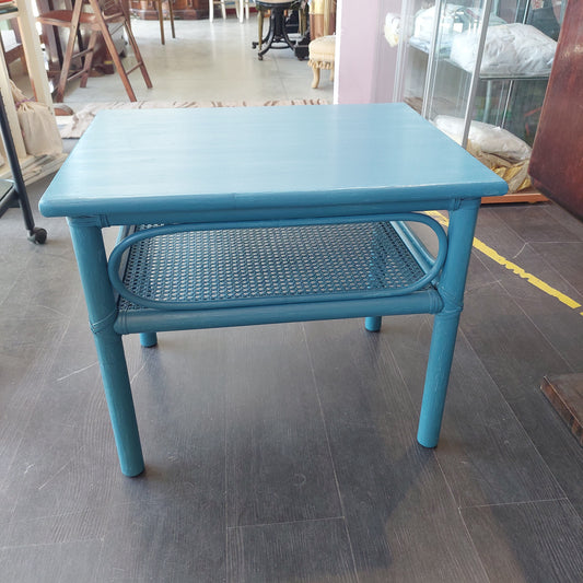 Tavolino Legno Bambù Rattan Blu 2 Ripiani