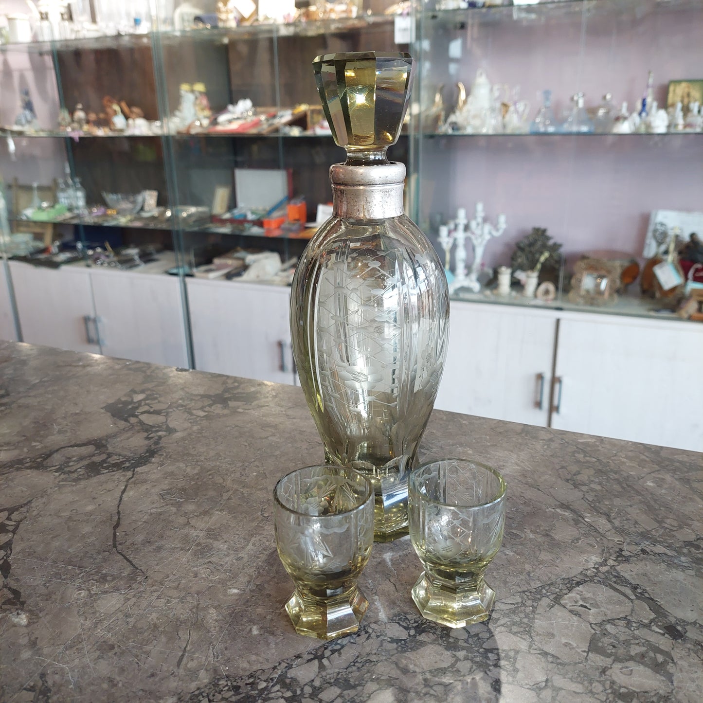 Set/bottiglia Rosolio + 2 Bicchierini Cristallo Argento Anni 40