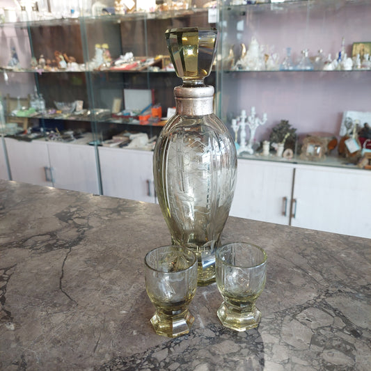Set/bottiglia Rosolio + 2 Bicchierini Cristallo Argento Anni 40