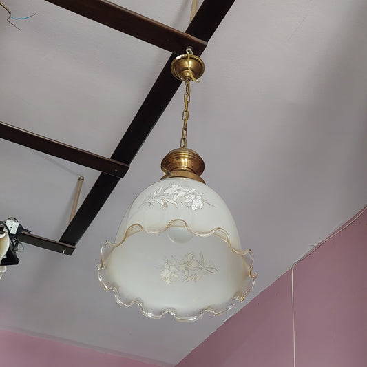 Lampadario Ottone Cupola Vetro Opalino Fiori 1/luce