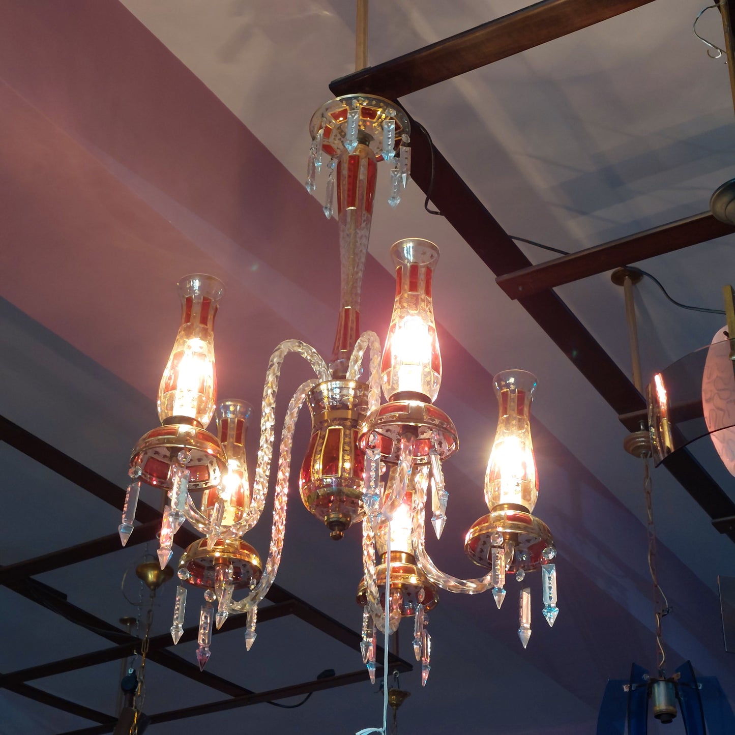 Lampadario Cristallo Di Bohemia 5/luci Anni '50