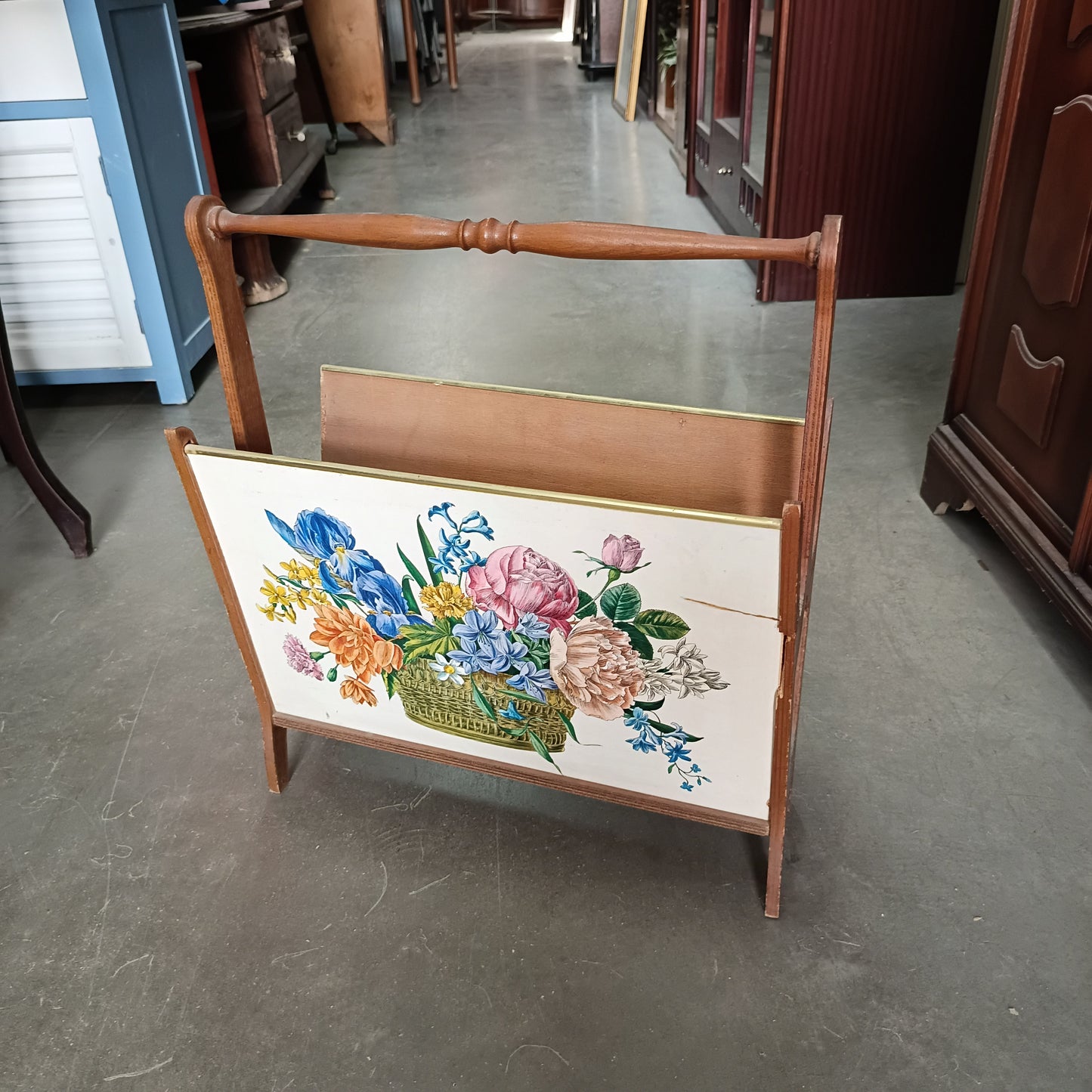 Portariviste * Legno Stampa Cestino Con Fiori Vintage