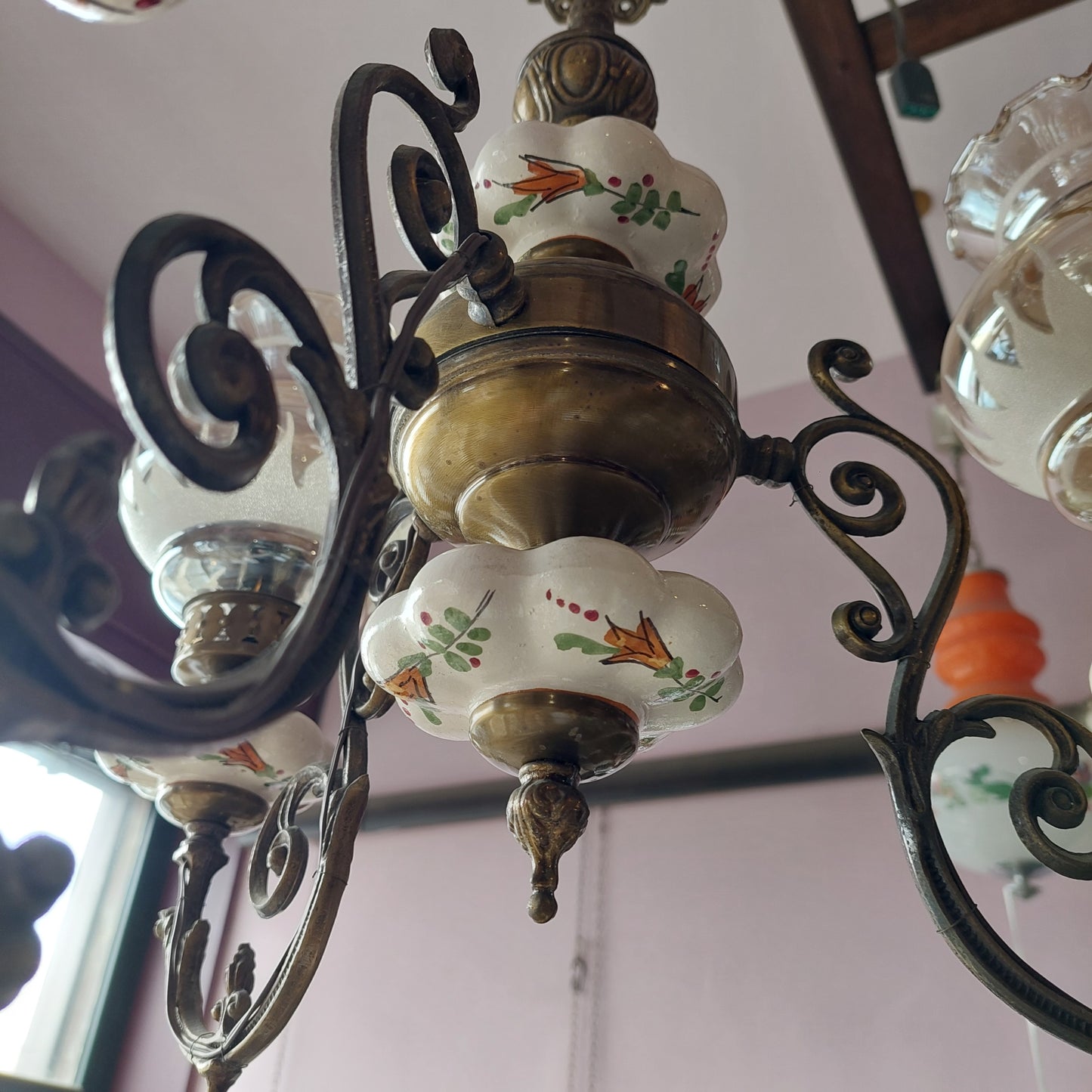 Lampadario * Ottone Smaltato Panna Vintage 3/luci