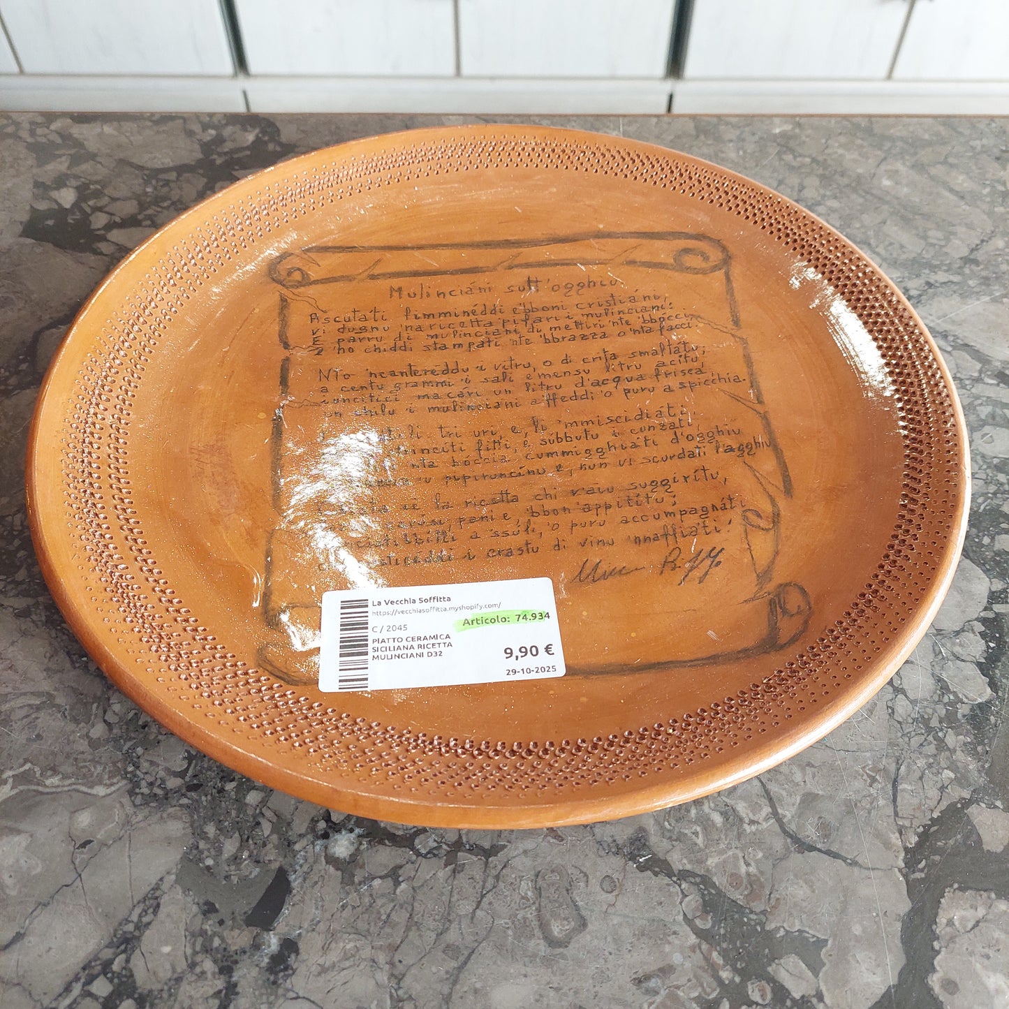 Piatto Ceramica Siciliana Ricetta Mulinciani D32