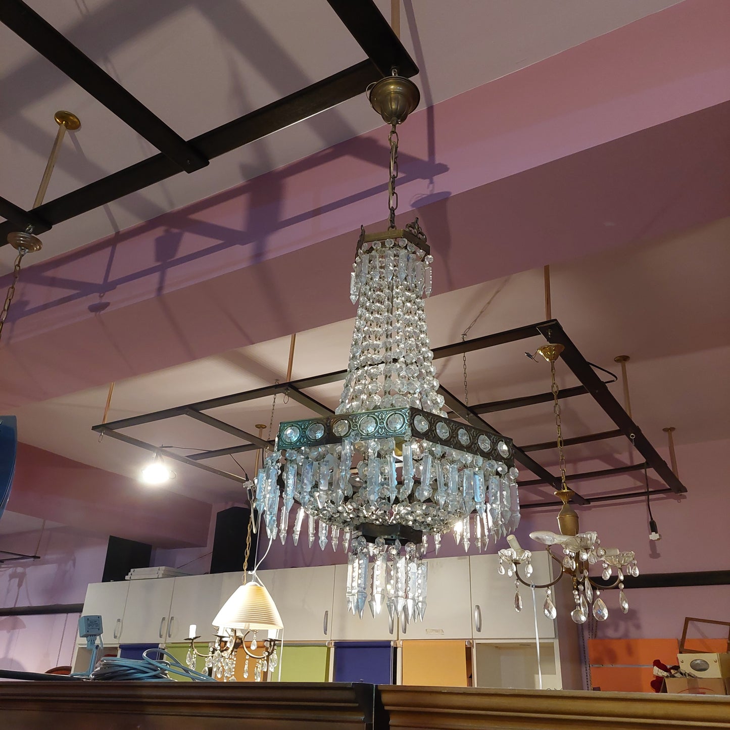 Lampadario Stile Impero Ottone Gocce Cristallo 3 Luci