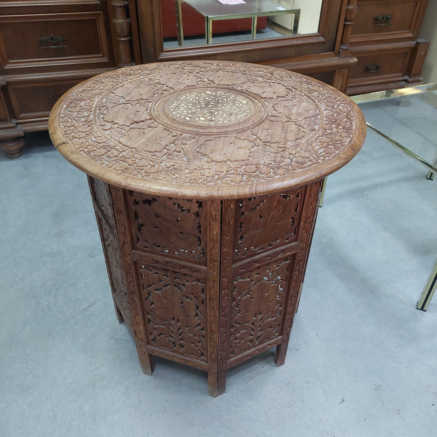 Tavolino Indiano Legno Intagliato D60x65h