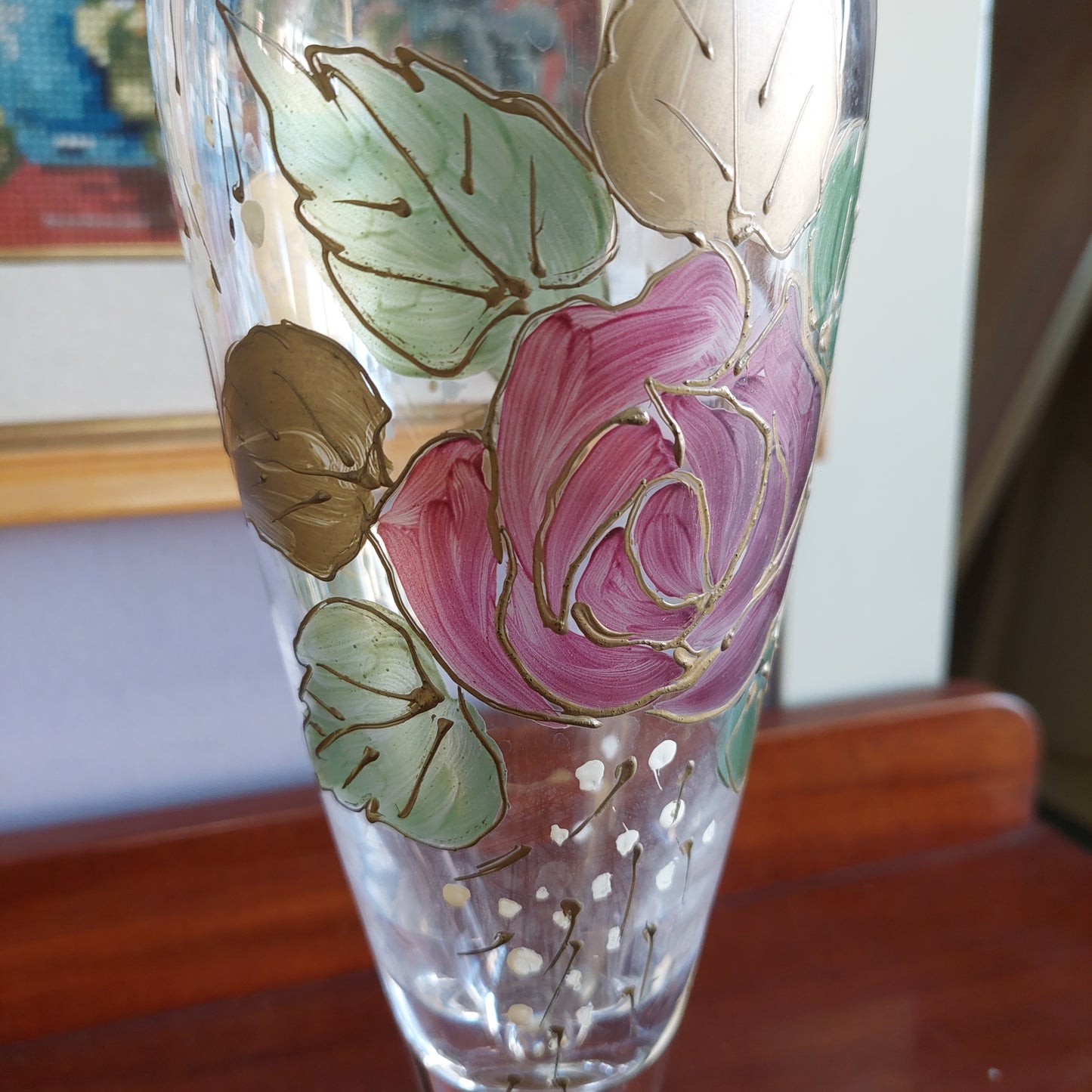 Calice Vaso Portafiori Vetro Dipinto Rosa