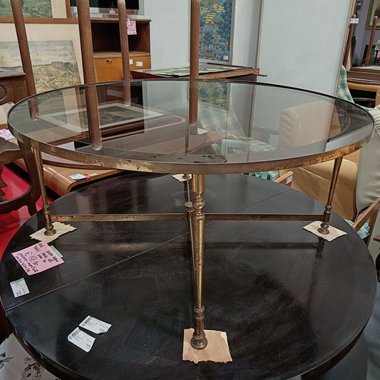 Tavolino Da Caffè Vintage Tondo Ottone C/vetro Anni '70 D.100x45.5