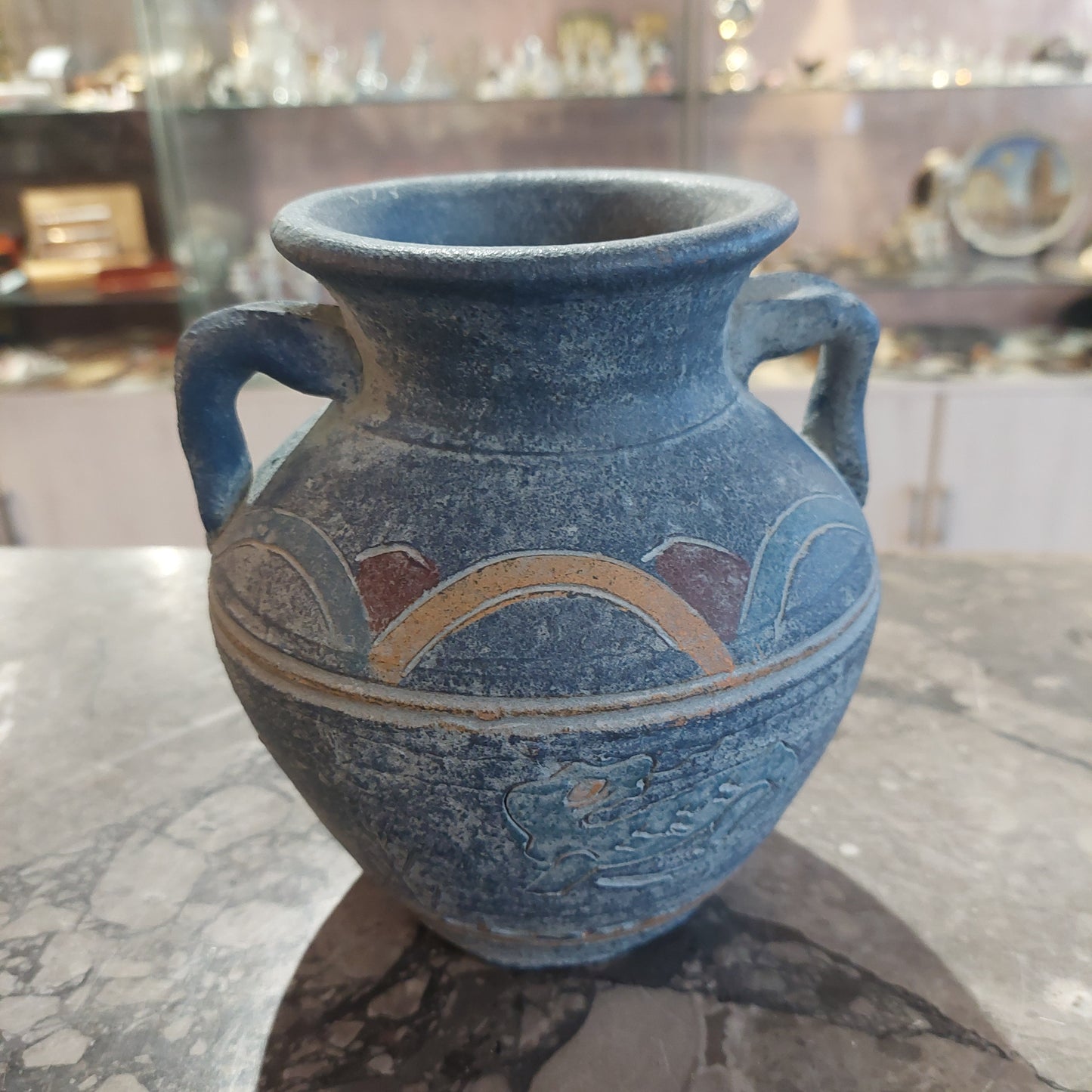 Vaso Anfora Ceramica Blu Con Decori D16x16h