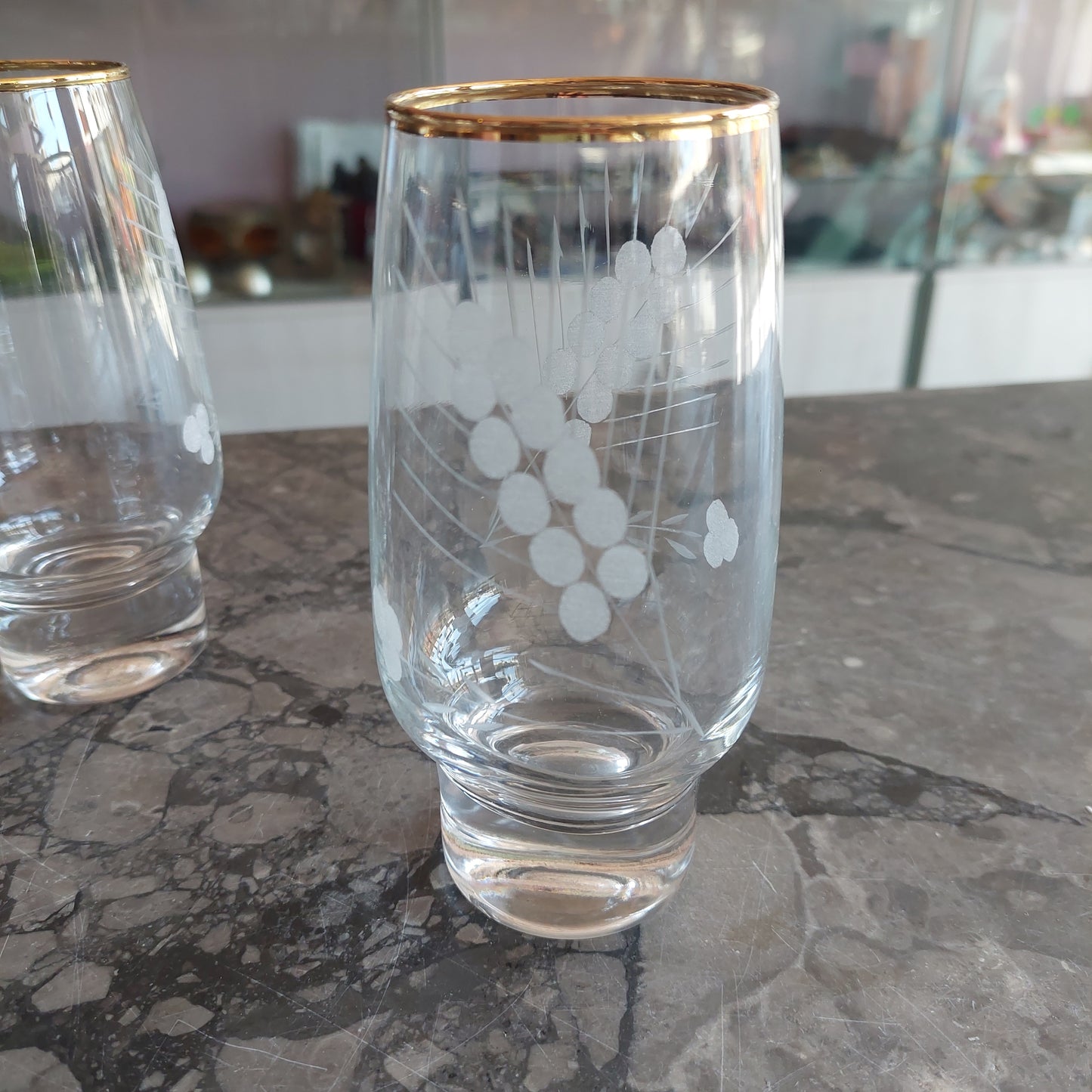 Set/6 Bicchieri Bibita + Caraffa E Miscelatore Vetro Serigrafato Bordo Oro