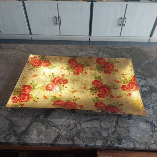 Vassoio Vetro Decoro Oro Con Rose Cm25x41