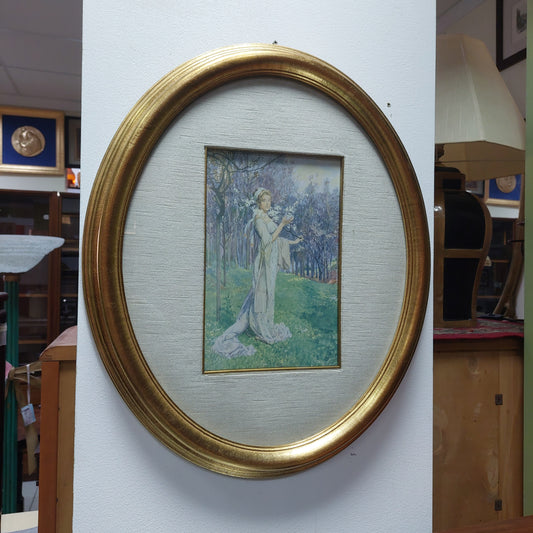 Quadro Stampa Dama Art N70,00 €ouveau Cornice Ovale Legno Oro