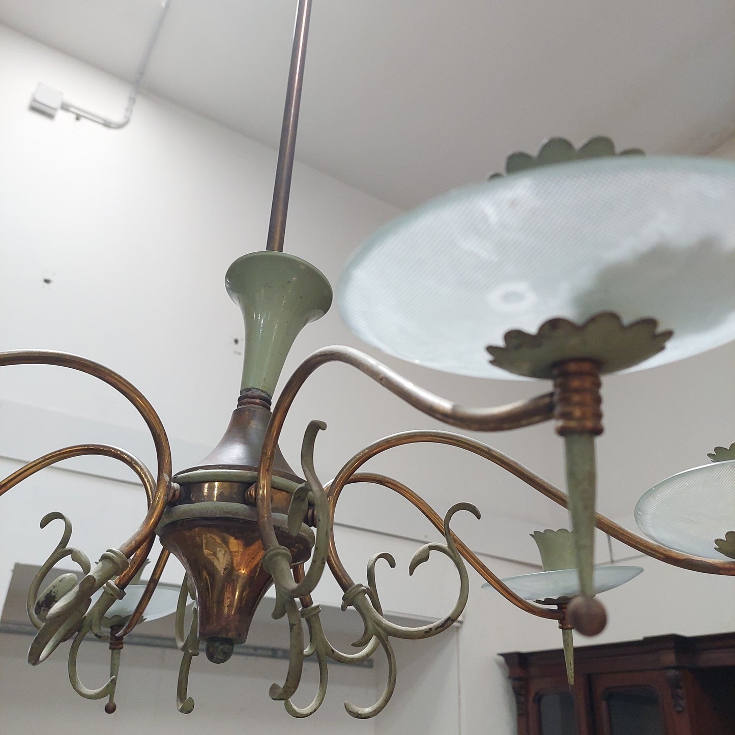 Lampadario Ottone/metallo Verde  Anni 50 6/luci