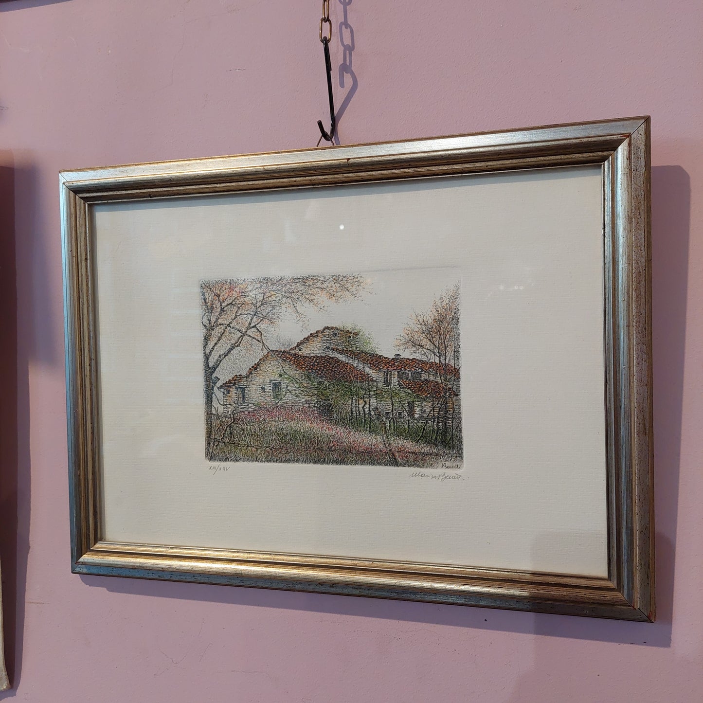Quadro Litografia Paesaggio Con Case Marisa Benetti Cm40x30