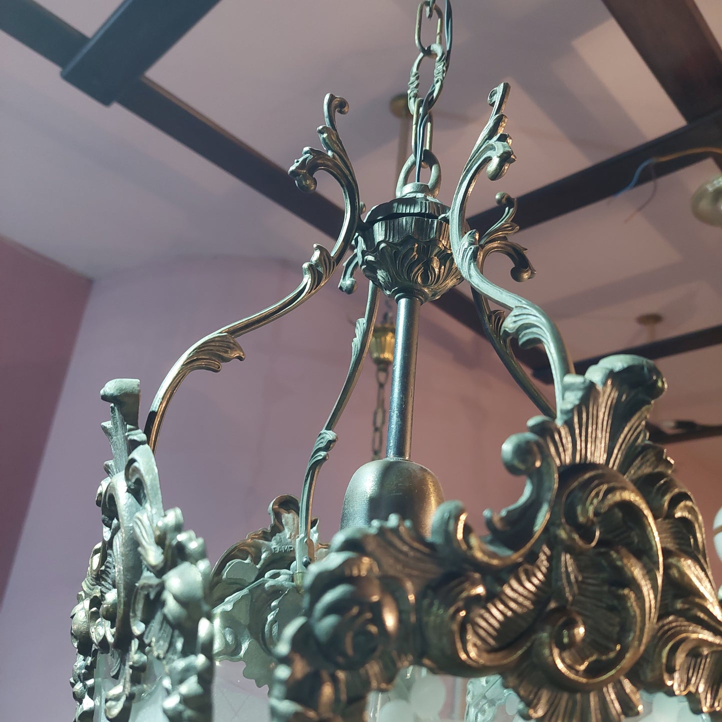 Lampadario "lanterna" Ottone/vetro 1/luce