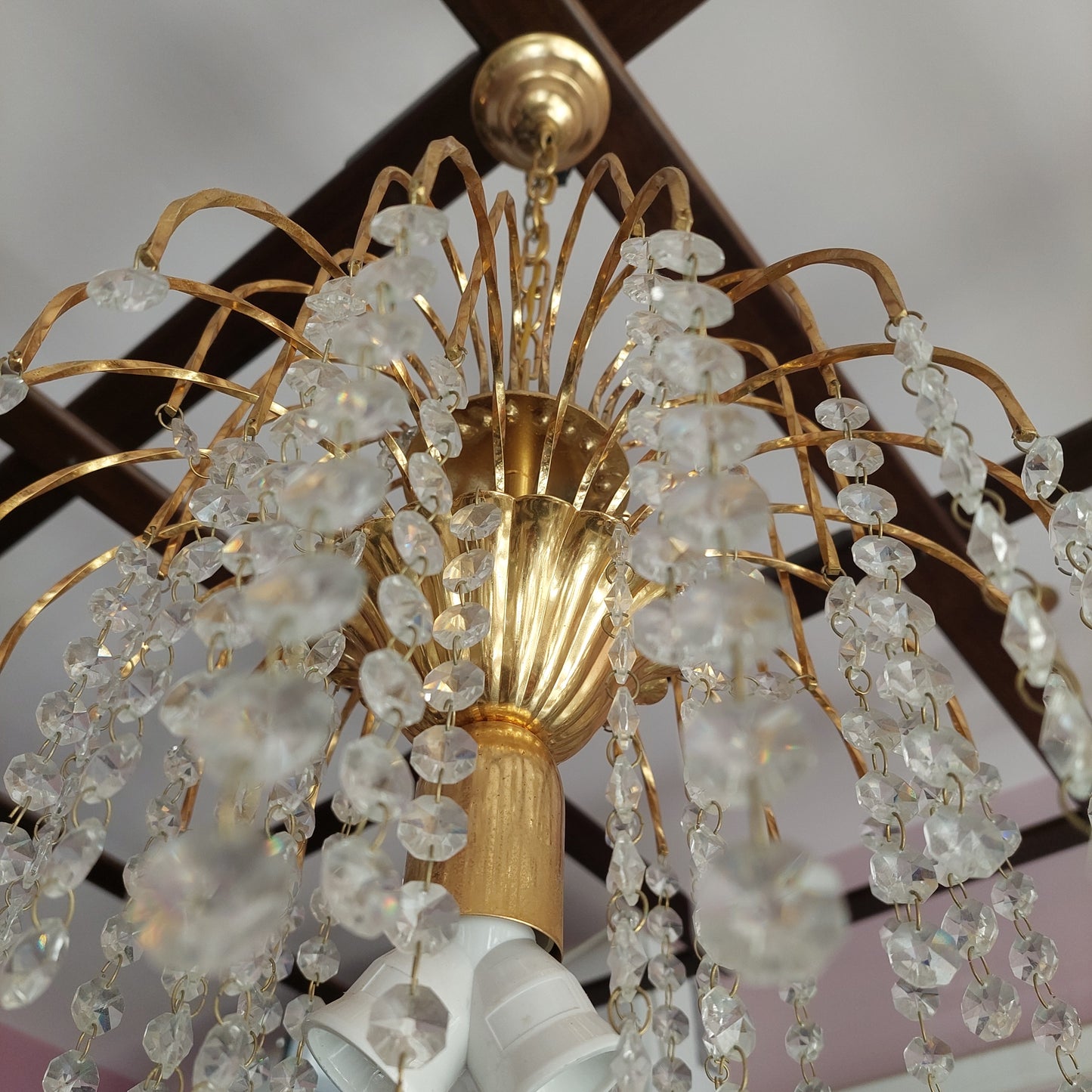 Lampadario "pioggia" Met. Dorato/brindoli Cristallo 1/l