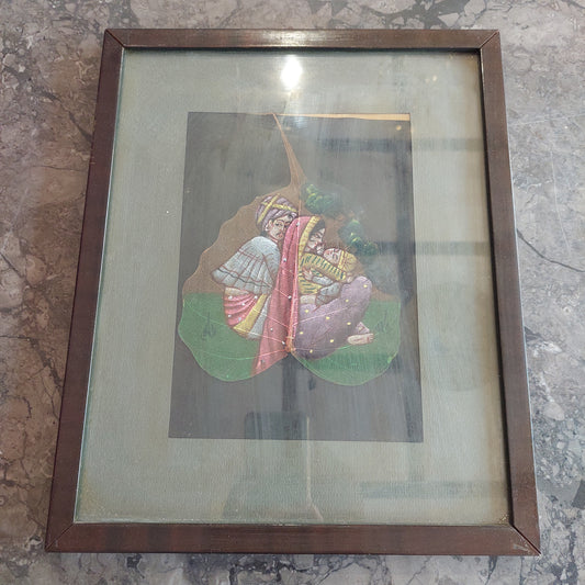 Quadro Scena Indiana Dipinta Su Foglia Cm27,5x34